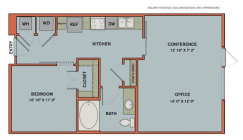 Floor plan for 1 bed, 1 bath, 715 sqft